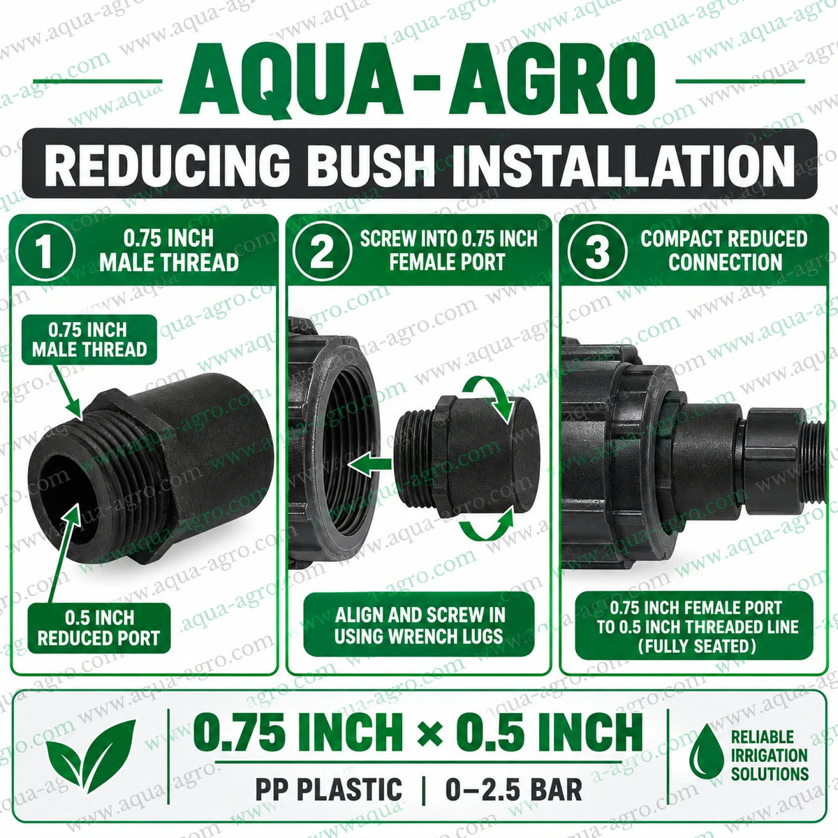 How to install AQUA AGRO 0.75 inch x 0.5 inch reducing bush for secure threaded irrigation connection using PP plastic fitting