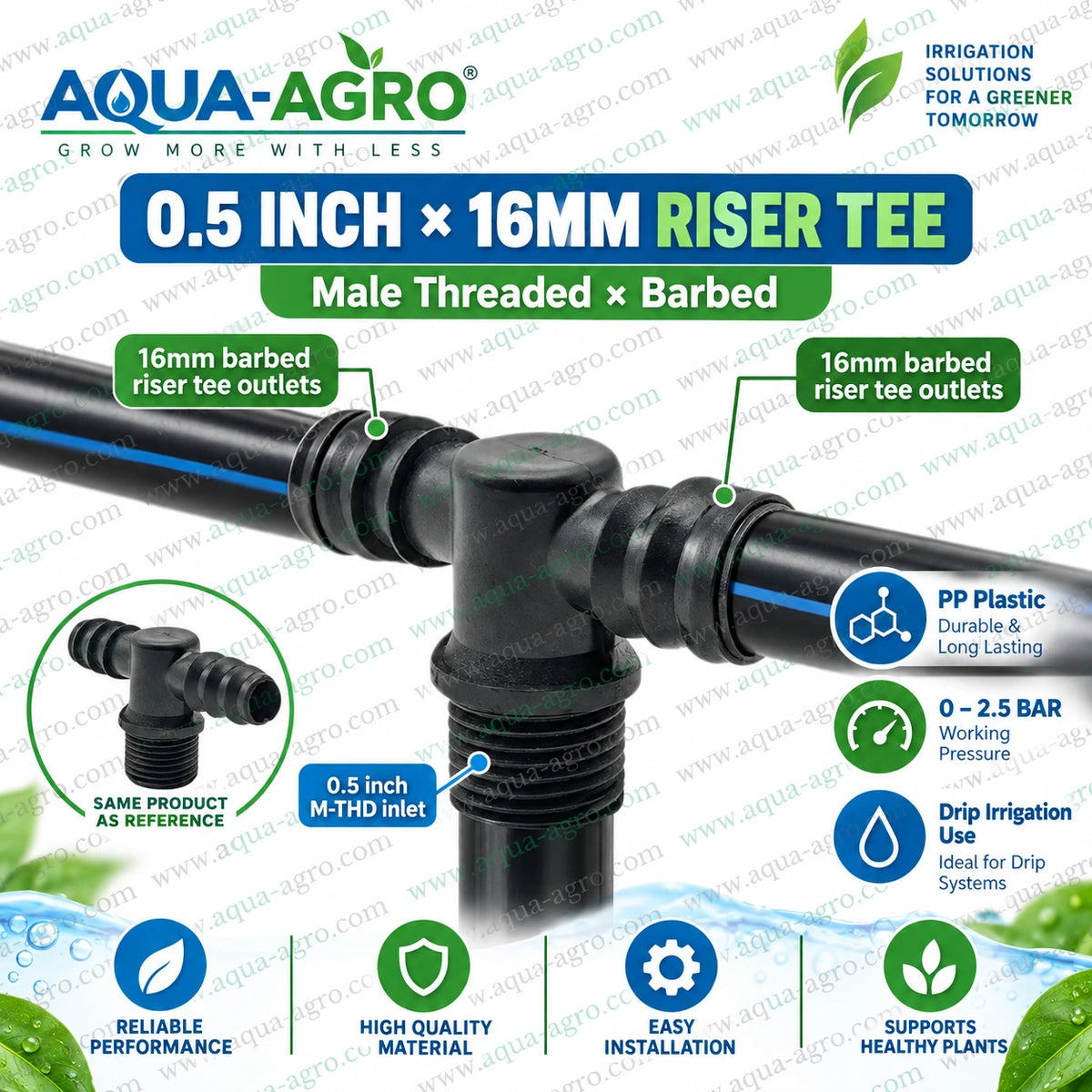 AQUA AGRO PP riser tee installed on agricultural drip irrigation mainline for reliable crop watering and lateral distribution