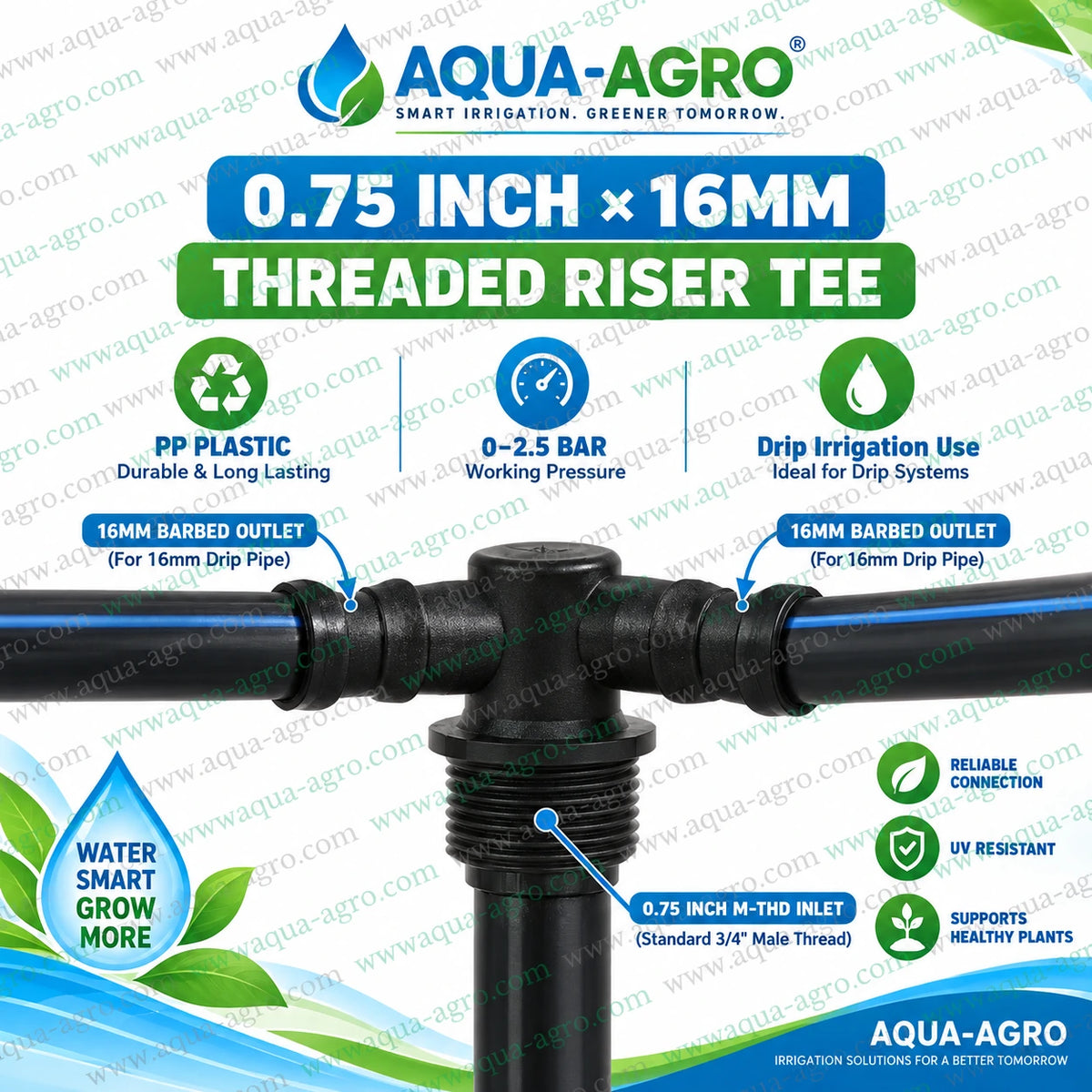 AQUA AGRO lite riser tee 0.75 inch male thread x dual 16mm barb PP fitting for drip irrigation systems with 0 to 2.5 bar pressure