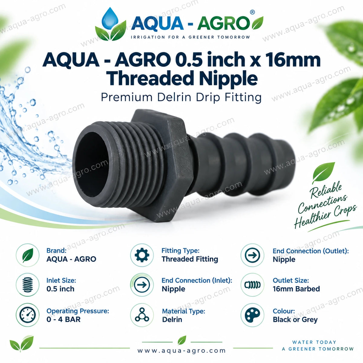 AQUA AGRO premium 0.5 inch x 16mm Delrin threaded nipple with male thread barbed outlet and 0 to 4 bar operating pressure