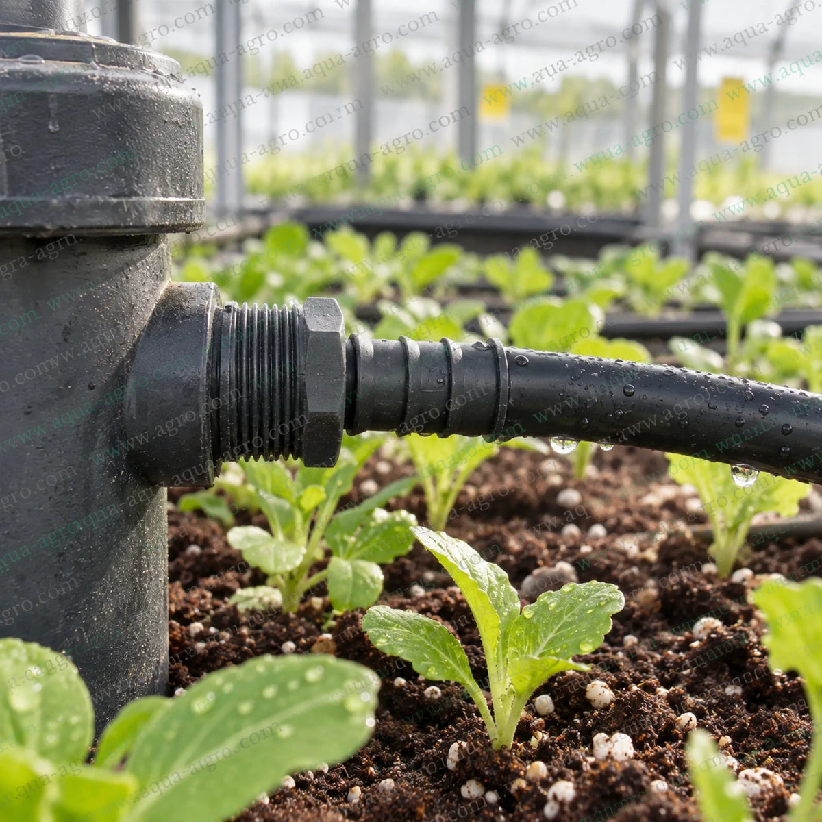 AQUA AGRO 0.5 inch x 16mm Delrin threaded nipple connecting drip lateral to greenhouse irrigation mainline for reliable water flow