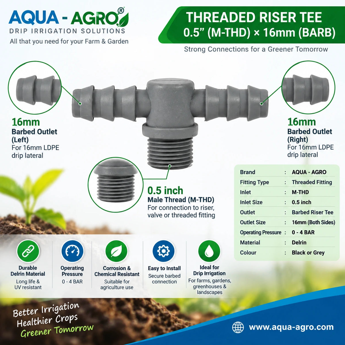 AQUA AGRO threaded riser tee with 16mm barbed outlets and 0.5 inch male thread for drip irrigation farms gardens nurseries and landscapes