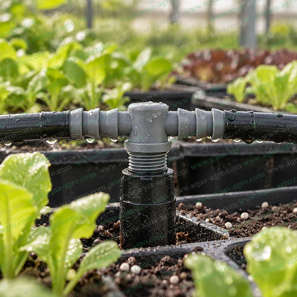 AQUA AGRO 0.5 inch male thread x 16mm barb riser tee installed in drip irrigation line for greenhouse crop watering