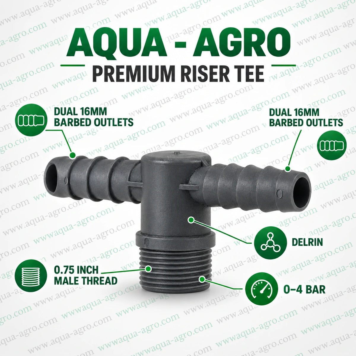 AQUA AGRO Delrin riser tee 0.75 inch M TH x dual 16mm barb with 0 to 4 bar pressure for agricultural drip irrigation systems