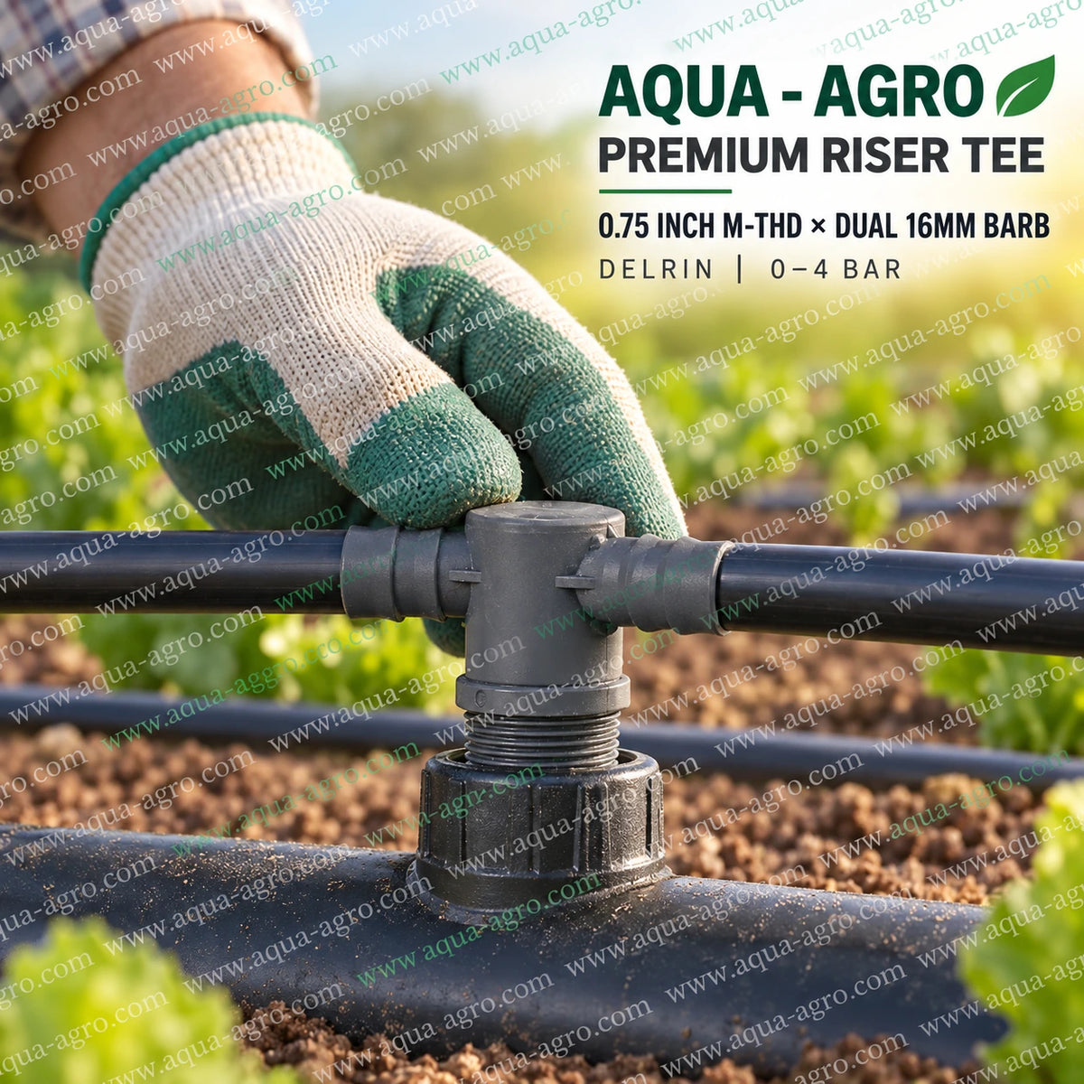 AQUA AGRO 0.75 inch x 16mm premium riser tee installed on farm irrigation mainline for distributing water to drip laterals