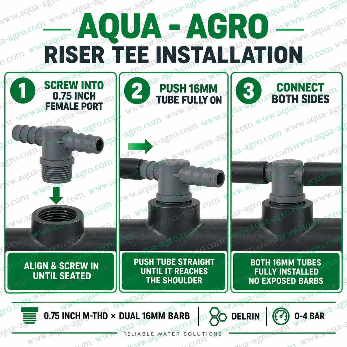 AQUA AGRO premium 0.75 inch male threaded riser tee with dual 16mm barbed outlets for secure drip irrigation lateral connection