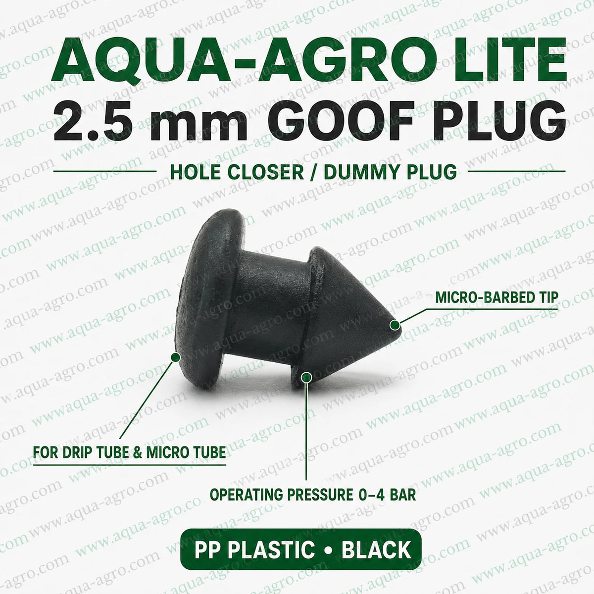 AQUA-AGRO Lite 2.5mm goof plug with micro barbed tip, black PP plastic hole closer and dummy plug for drip irrigation tube