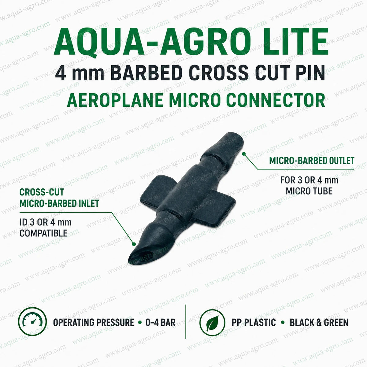 AQUA AGRO black aeroplane micro connector installed on drip lateral with green micro tube for greenhouse tomato irrigation system