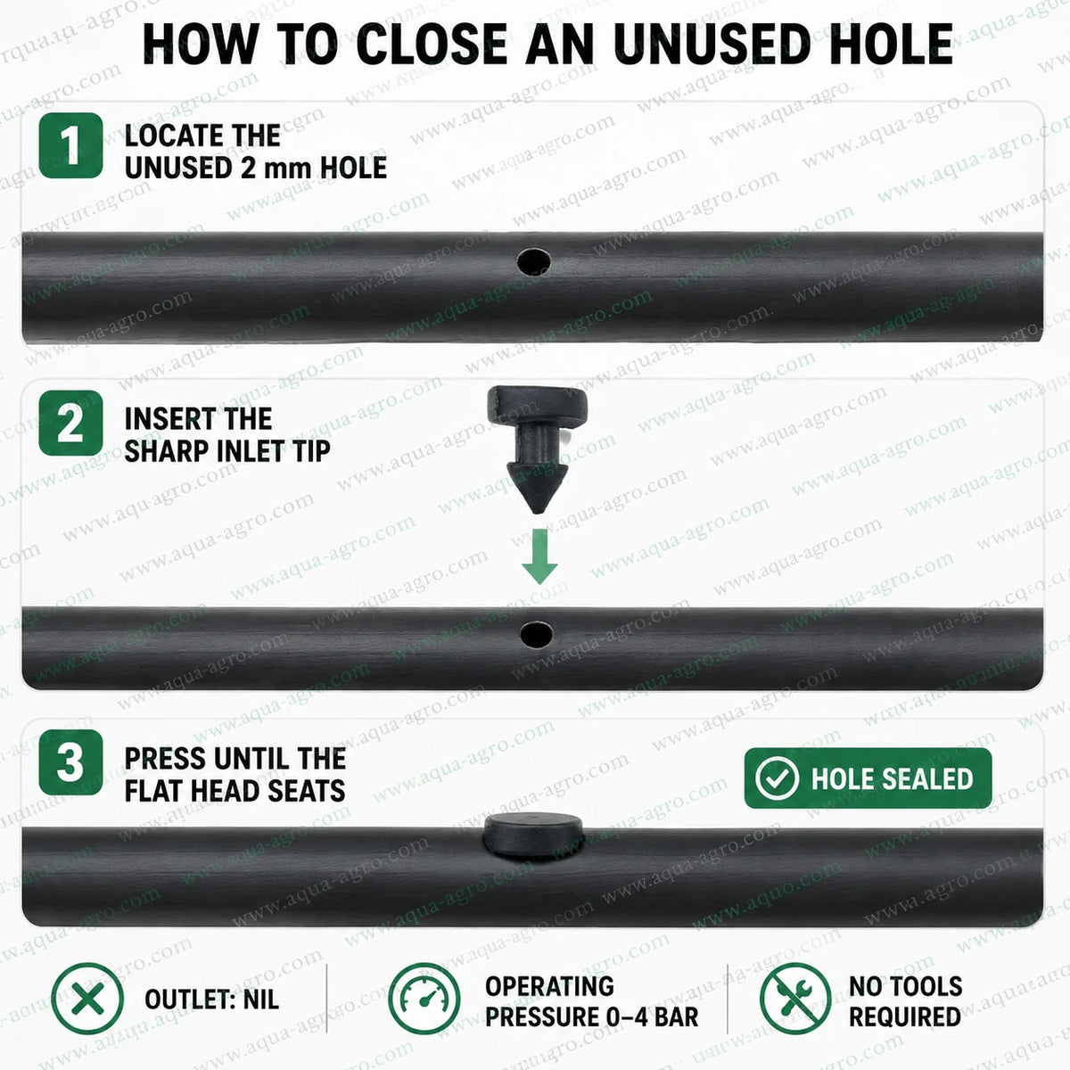 AQUA-AGRO 2mm goof plug installation guide showing micro barbed tip insertion to seal unused holes in drip irrigation pipe