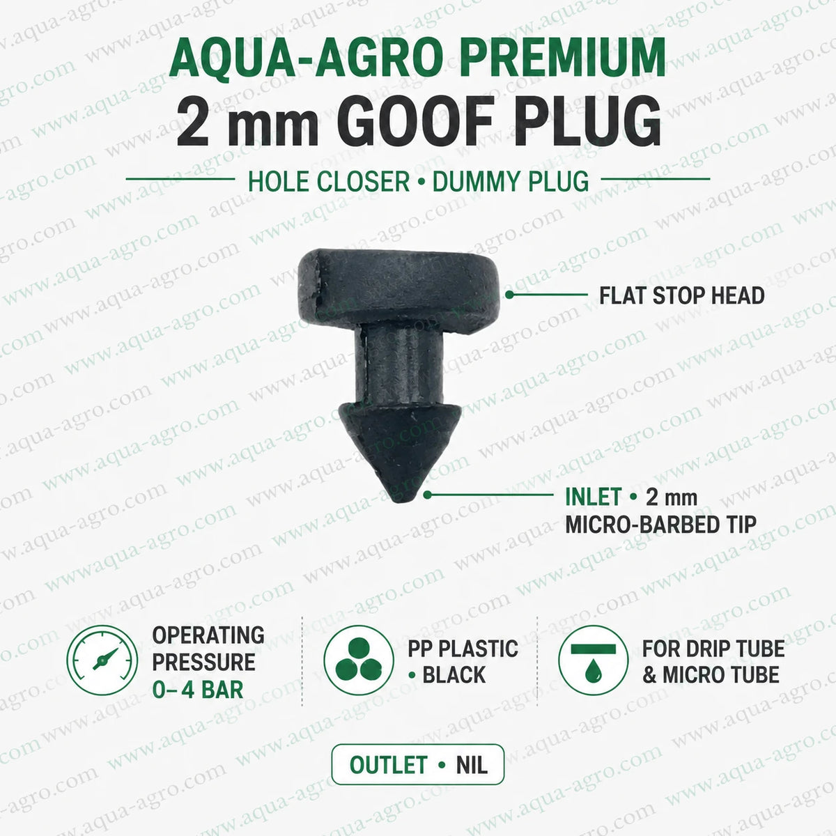 AQUA-AGRO Premium 2mm goof plug with micro barbed tip black PP plastic hole closer and dummy plug for drip irrigation tube