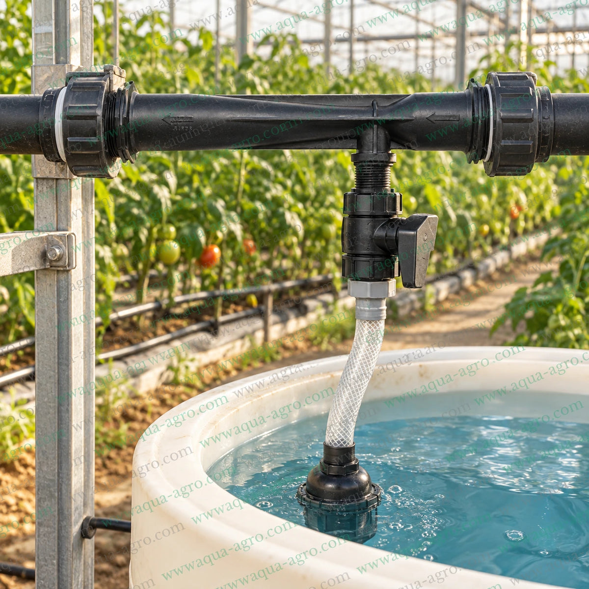 AQUA AGRO 2 inch 63mm Venturi fertilizer injector installed on an agricultural irrigation pipeline with suction control valve and transparent braided hose connected to a liquid fertilizer tank for greenhouse fertigation drip irrigation and automated crop nutrient delivery