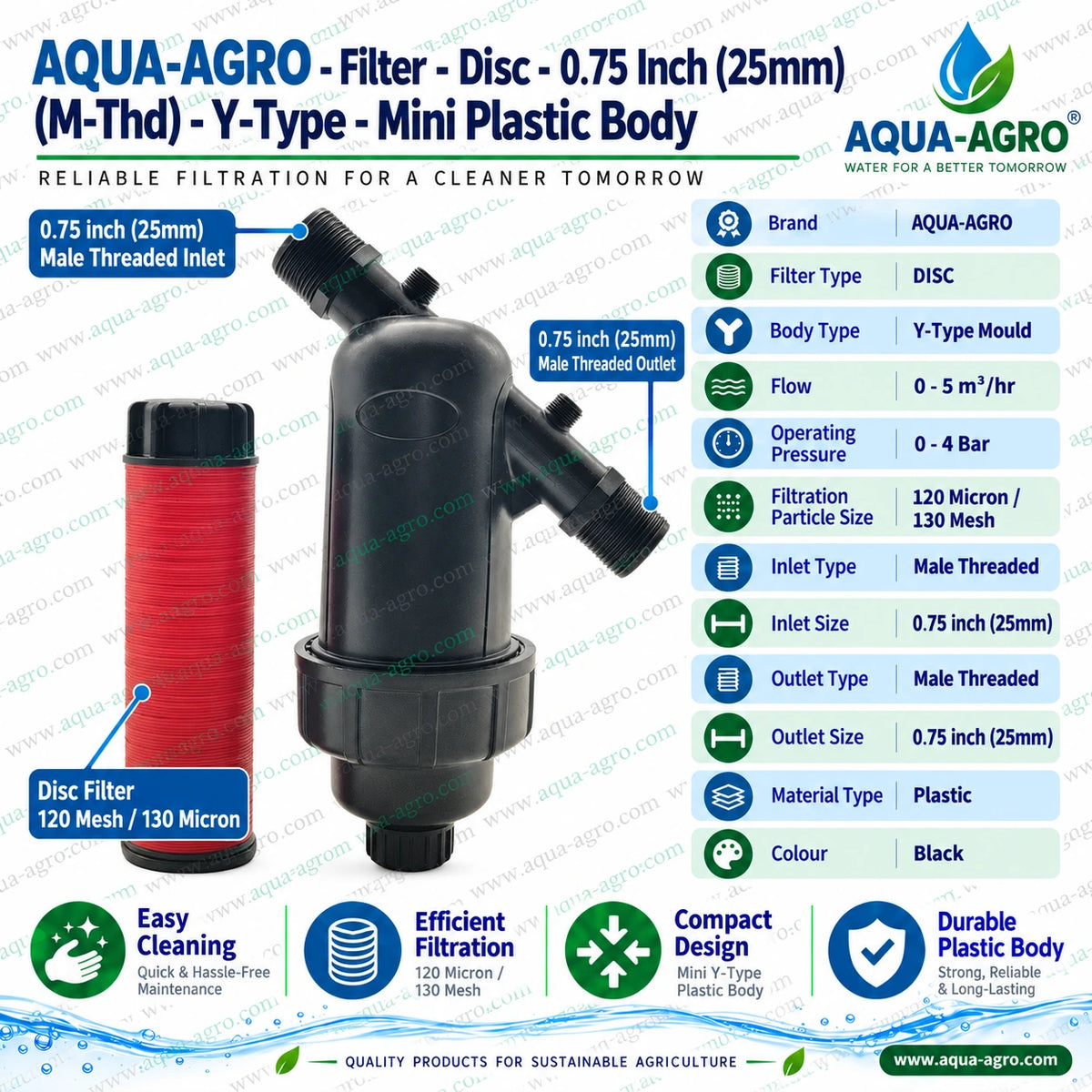 AQUA AGRO 0.75 inch 25mm male threaded mini Y type plastic disc filter with removable red disc filter element 120 mesh 130 micron filtration 0 to 5 m3 per hour flow capacity and 0 to 4 bar operating pressure for agricultural irrigation water filtration