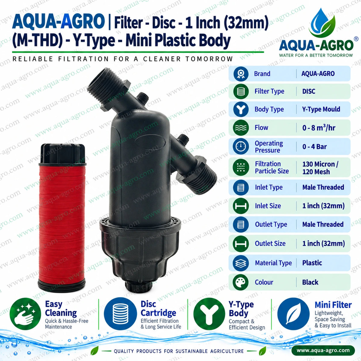 AQUA AGRO 1 inch 32mm male threaded mini Y type disc filter with removable red disc cartridge 120 mesh 130 micron filtration 0 to 8 m3 per hour flow capacity and 0 to 4 bar operating pressure for agricultural drip irrigation and sprinkler water filtration