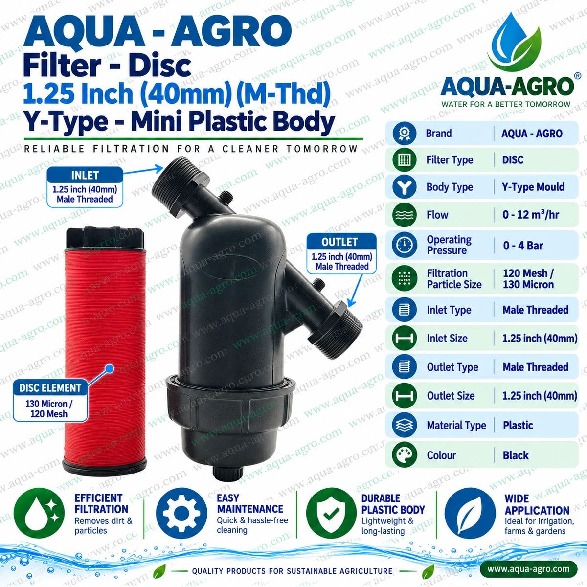 AQUA AGRO 1.25 inch 40mm male threaded mini Y type disc filter with black plastic body removable red disc filter element 120 mesh 130 micron filtration 0 to 12 m3 per hour flow capacity and 0 to 4 bar operating pressure for agricultural irrigation farms gardens and greenhouses