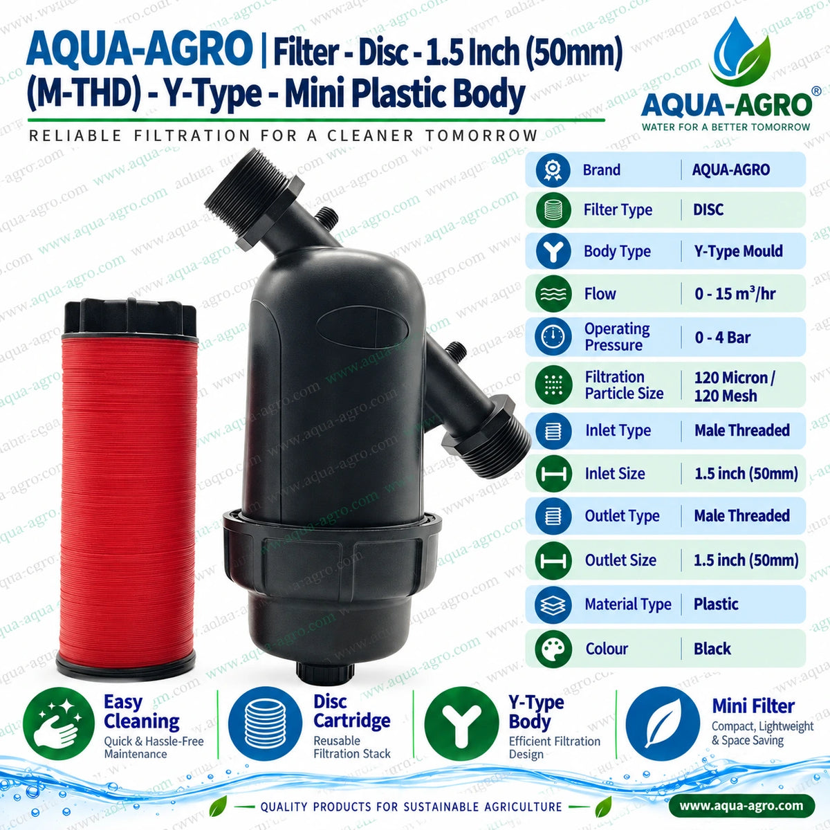 AQUA AGRO 1.5 inch 50mm male threaded mini Y type disc filter with black plastic body removable red disc cartridge 120 mesh 120 micron filtration 0 to 15 m3 per hour flow capacity and 0 to 4 bar operating pressure for agricultural irrigation water filtration