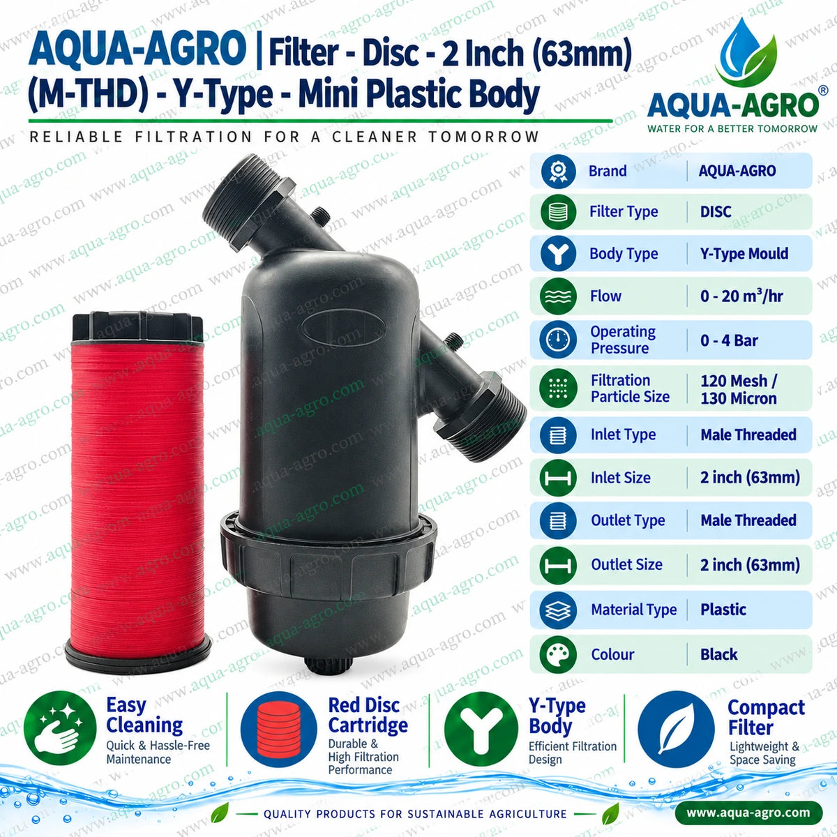 AQUA AGRO 2 inch 63mm male threaded mini Y type disc filter with black plastic body removable red disc cartridge 120 mesh 130 micron filtration 0 to 20 m3 per hour flow capacity and 0 to 4 bar operating pressure for agricultural irrigation water filtration