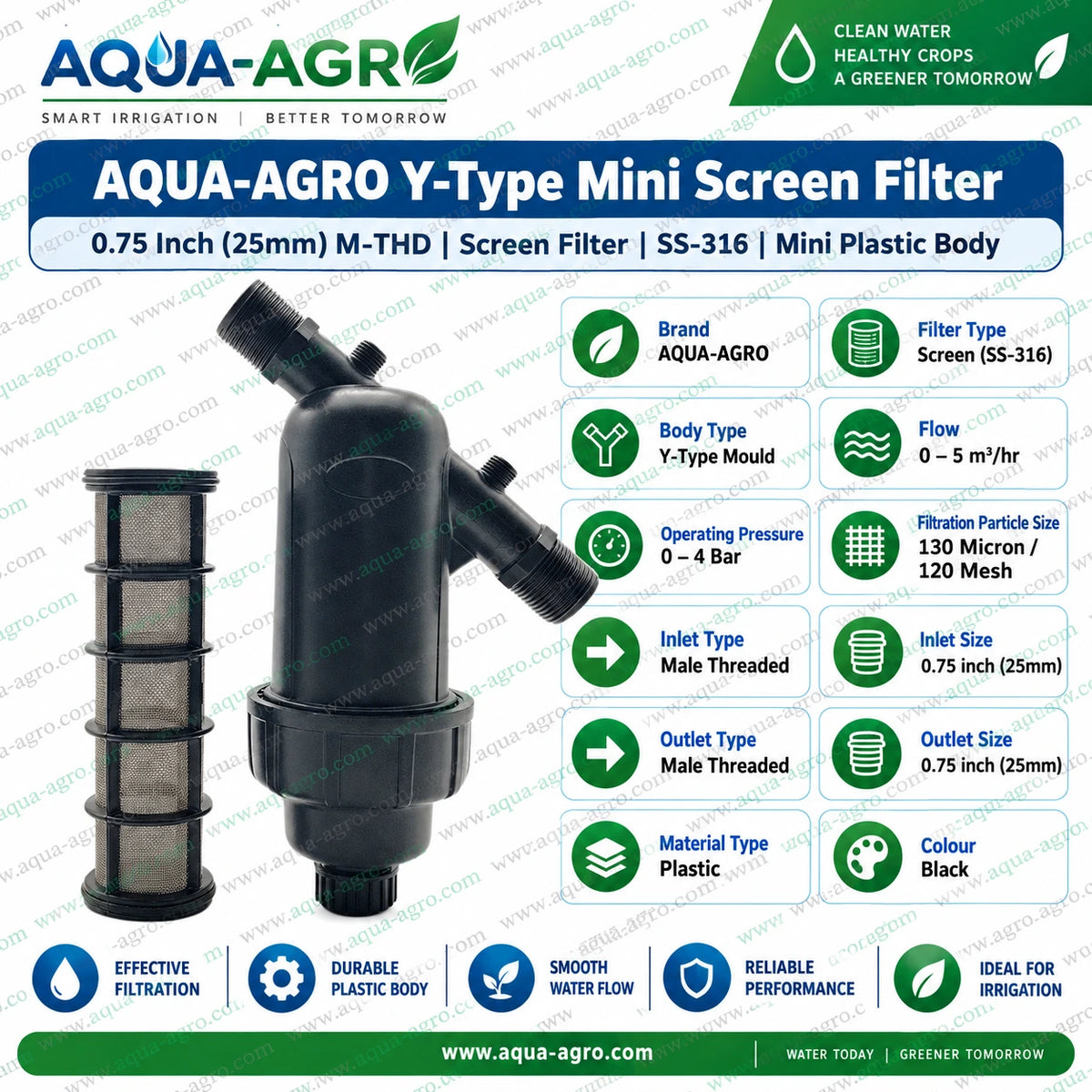 AQUA AGRO 0.75 inch 25mm Y type mini screen filter with SS 316 stainless steel mesh reusable filter element black plastic body male threaded inlet and outlet 130 micron 120 mesh filtration for agricultural drip irrigation and sprinkler systems