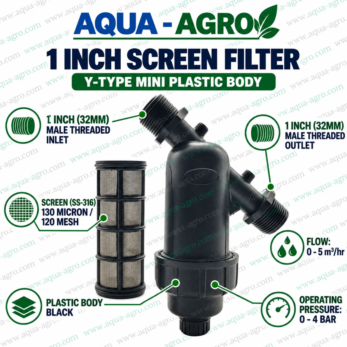 AQUA AGRO 1 inch 32mm Y type mini irrigation screen filter with removable SS316 stainless steel filter element 120 mesh 130 micron filtration 0 to 5 m3 per hour flow capacity 0 to 4 bar operating pressure male threaded inlet and outlet and durable black plastic body for agricultural drip irrigation water filtration