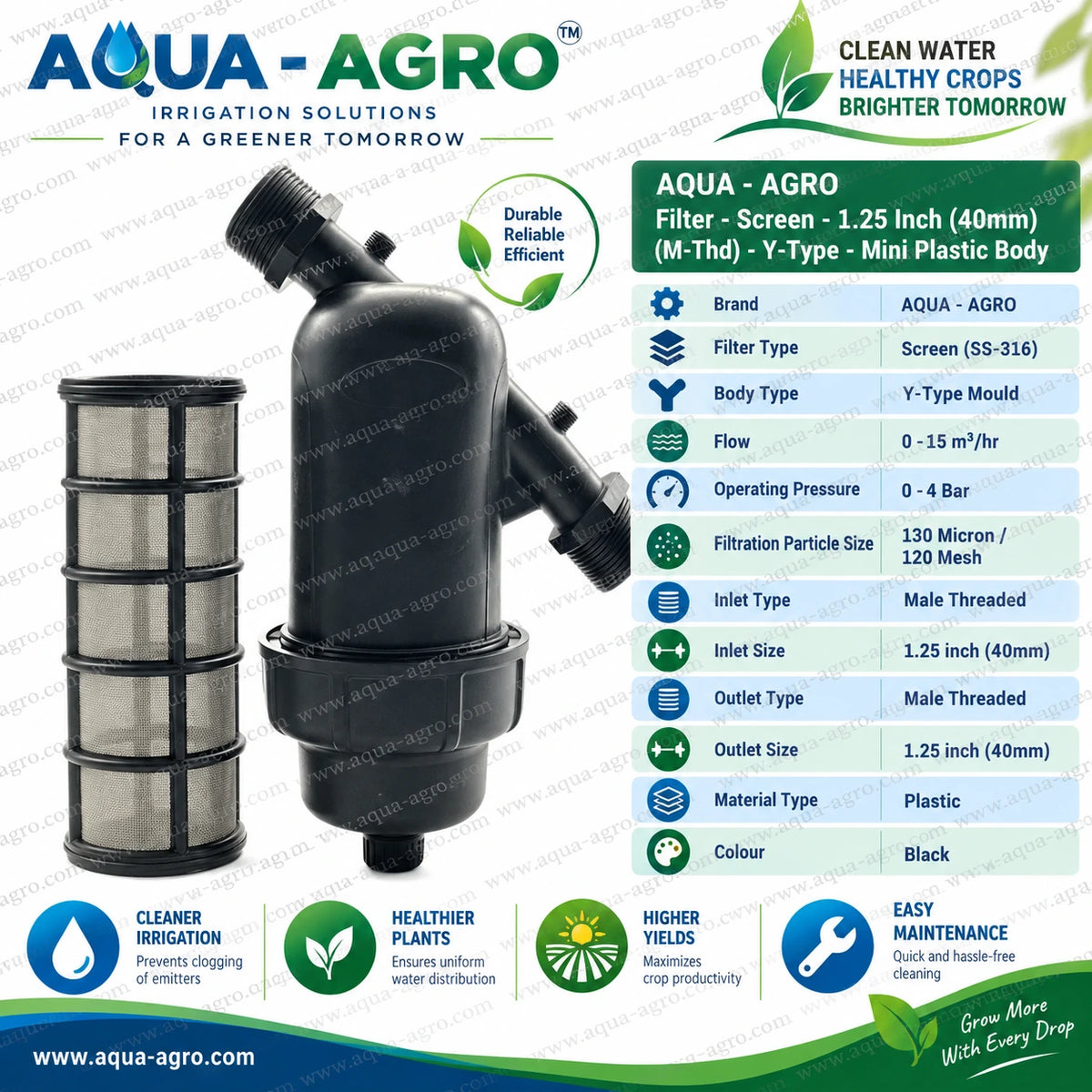AQUA AGRO 1.25 inch 40mm Y type mini screen irrigation filter with removable SS 316 stainless steel mesh cartridge 120 mesh 130 micron filtration 0 to 15 m3 per hour flow capacity 0 to 4 bar operating pressure durable black plastic body and male threaded inlet outlet for agricultural irrigation and garden watering systems
