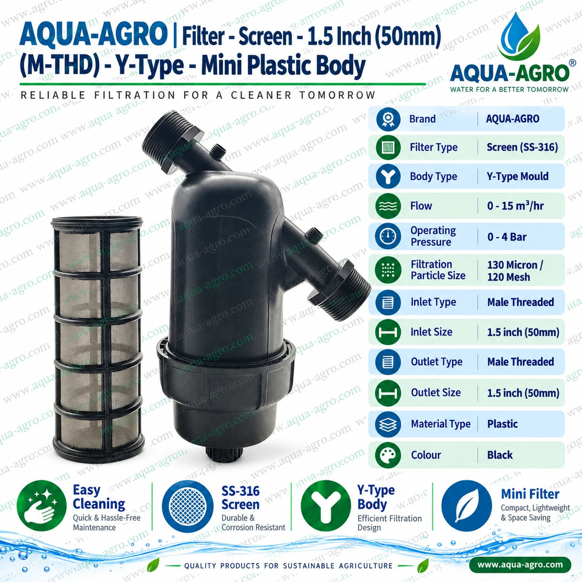 AQUA AGRO 1.5 inch 50mm Y type mini screen irrigation filter with removable SS 316 stainless steel mesh cartridge 120 mesh 130 micron filtration 0 to 15 m3 per hour flow capacity 0 to 4 bar operating pressure corrosion resistant black plastic body and male threaded inlet outlet for agricultural irrigation and garden watering systems