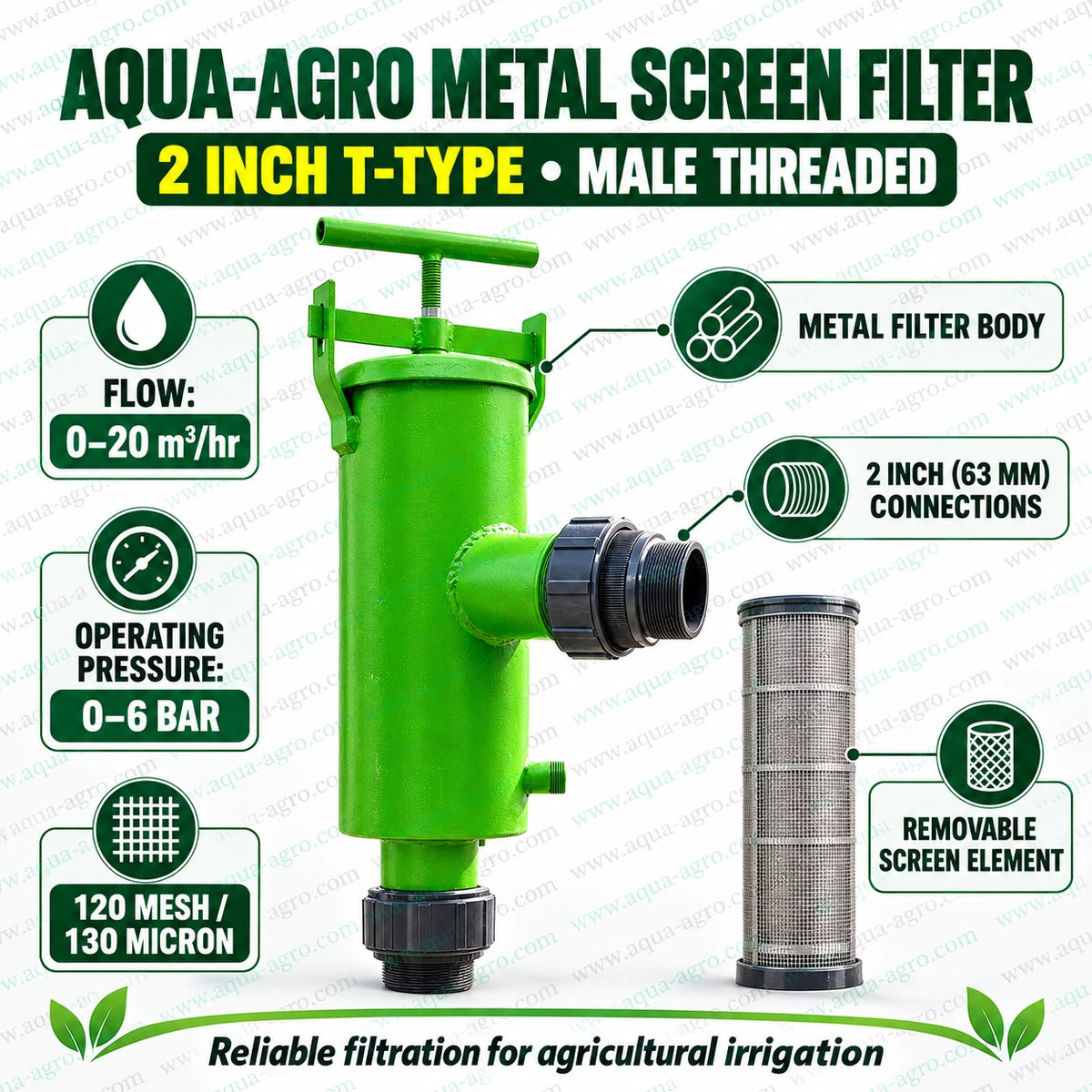 AQUA-AGRO 2 inch 63mm male threaded T type metal screen filter with removable 120 mesh 130 micron filter element green heavy duty body and 0 to 6 bar operating pressure for agricultural irrigation water filtration
