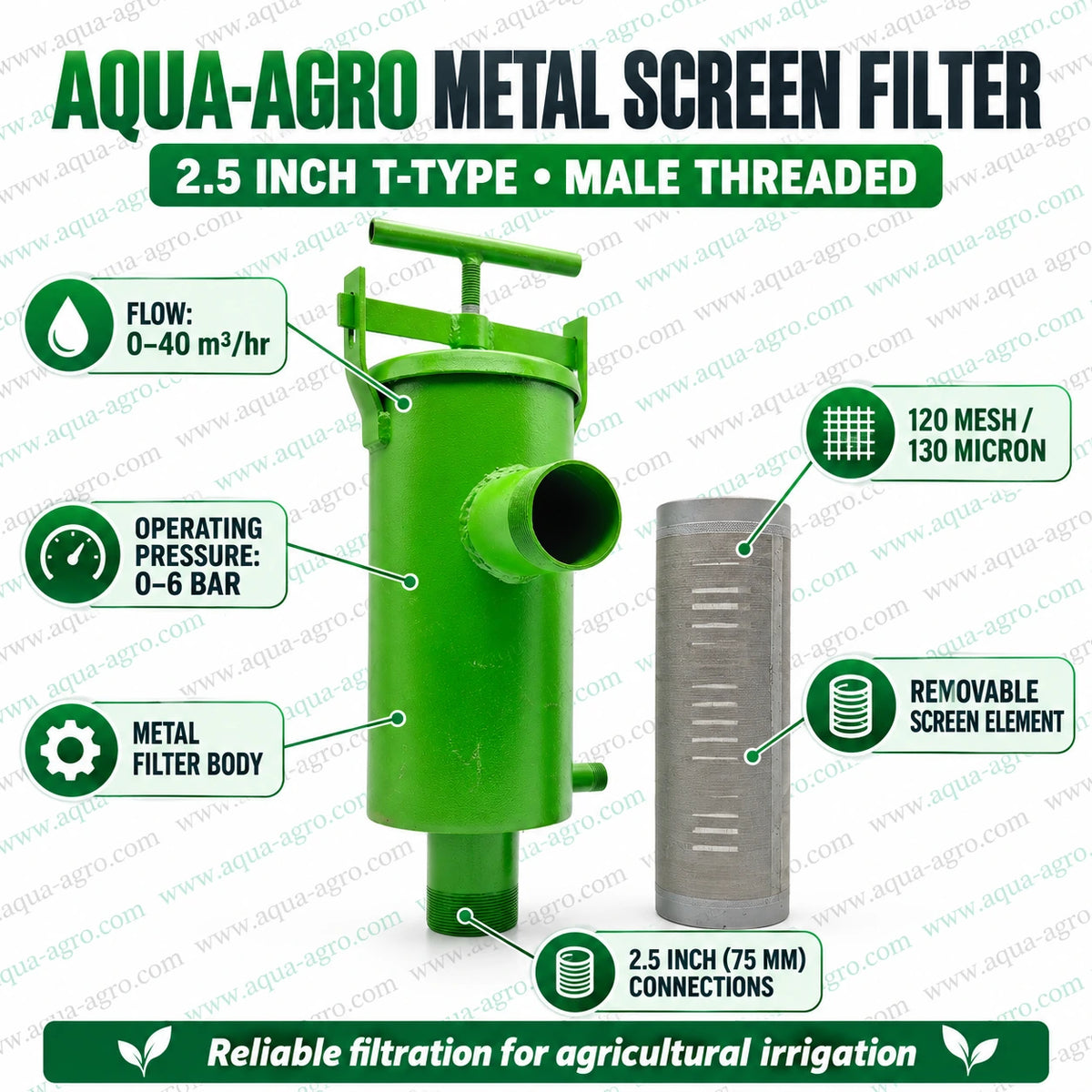 AQUA-AGRO 2.5 inch 75mm male threaded T type metal screen filter with green heavy duty body removable 120 mesh 130 micron stainless steel screen element and 0 to 6 bar operating pressure for drip irrigation water filtration