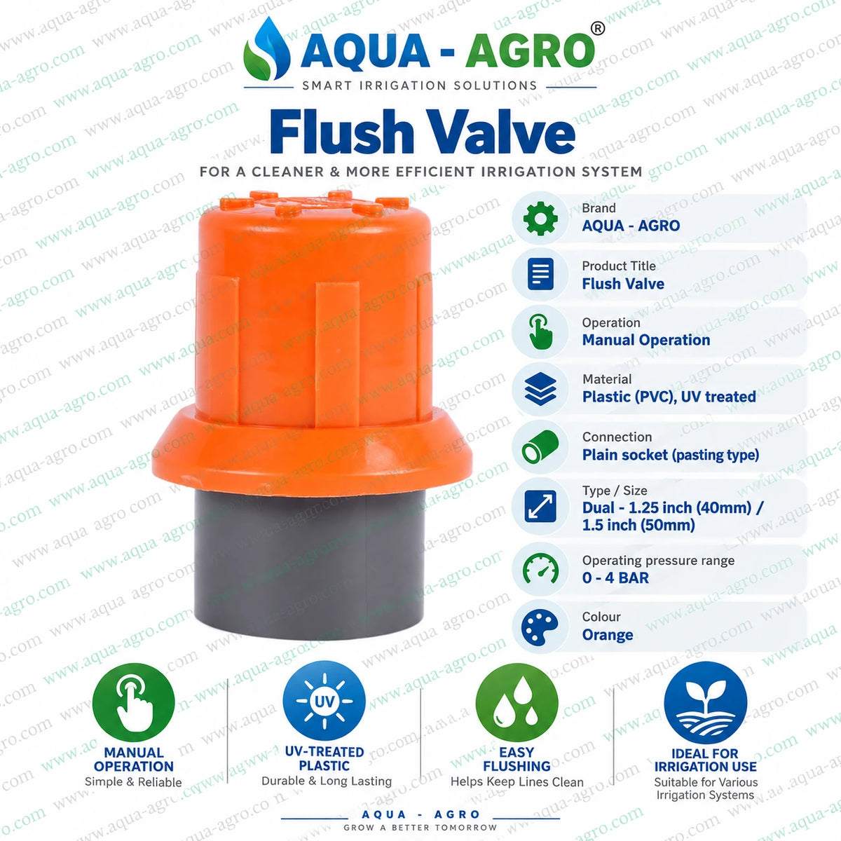 AQUA AGRO manual PVC flush valve with dual 1.25 inch 40mm and 1.5 inch 50mm plain socket connection UV treated plastic body and 0 to 4 bar operating pressure for irrigation systems