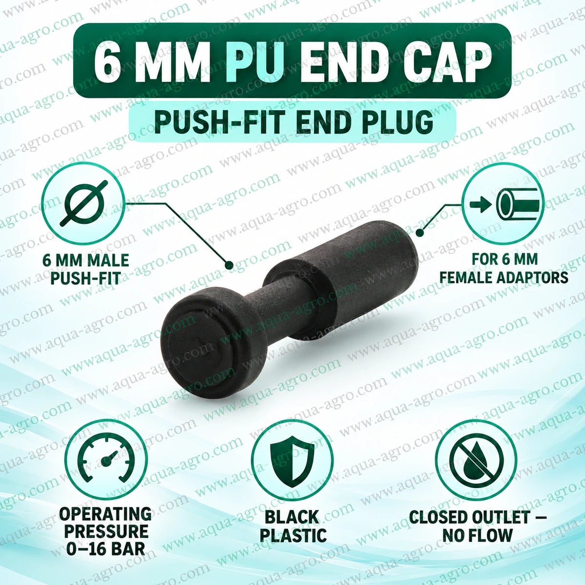 AQUA AGRO 6mm PU end cap black plastic male push fit end plug for sealing unused female connectors in fogger misting and irrigation systems with operating pressure up to 16 bar
