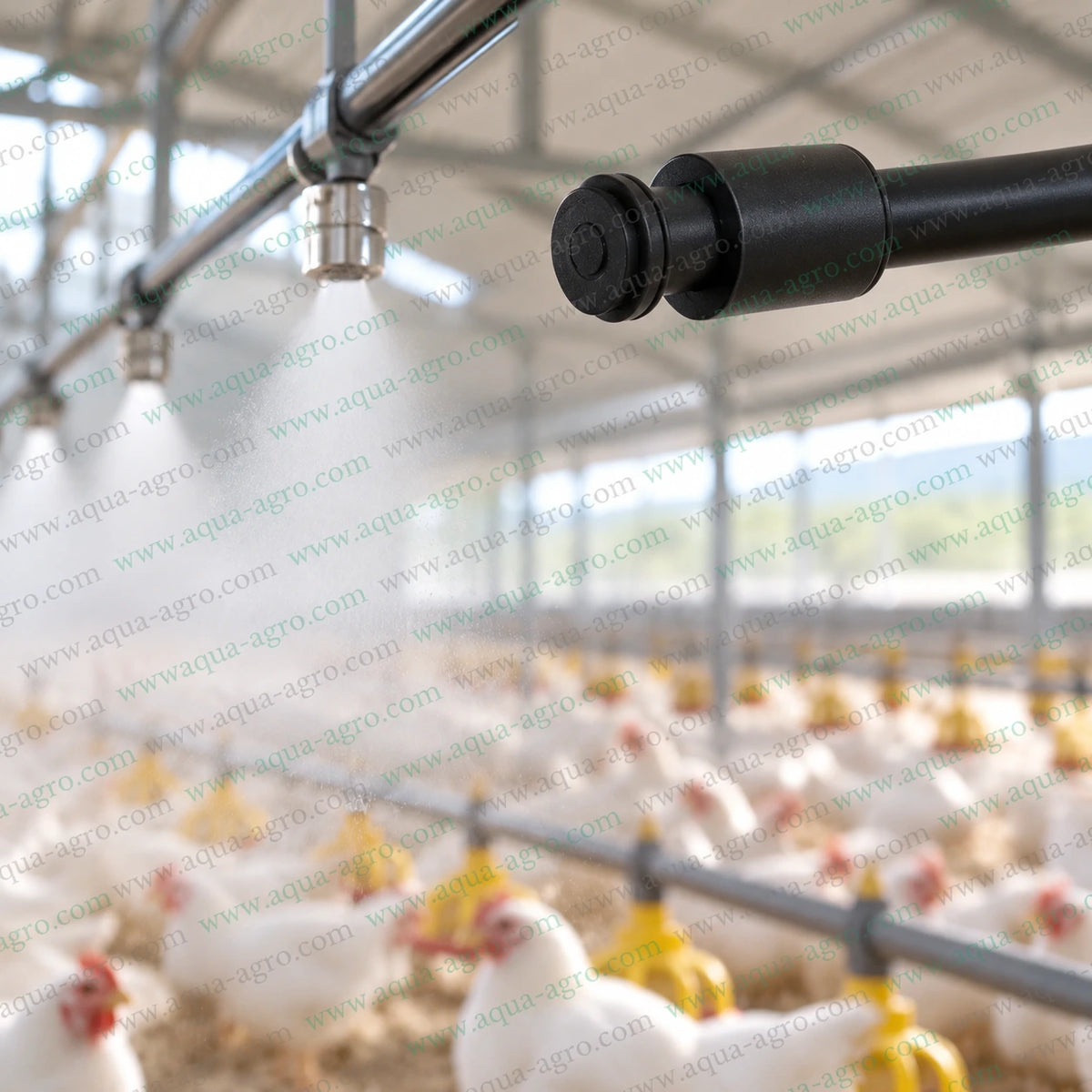 AQUA AGRO 6mm PU push fit end cap installed on a pneumatic tube to close an unused outlet in a poultry farm fogging and cooling system