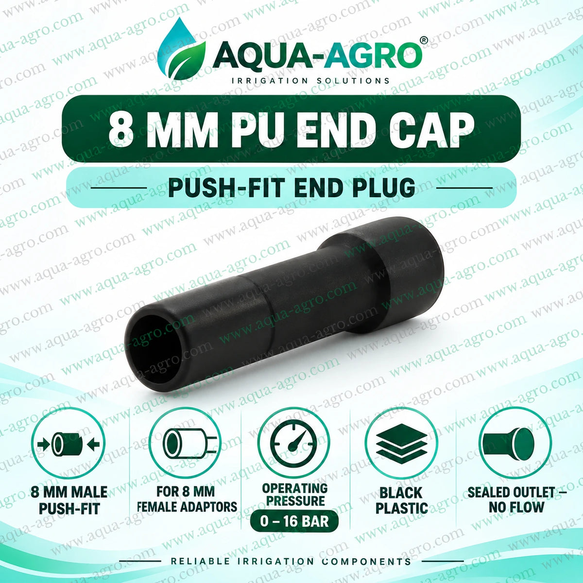 AQUA AGRO 8mm PU end cap black plastic push fit end plug with 8mm male connection for closing unused female pneumatic fittings in greenhouse misting and irrigation systems with operating pressure up to 16 bar