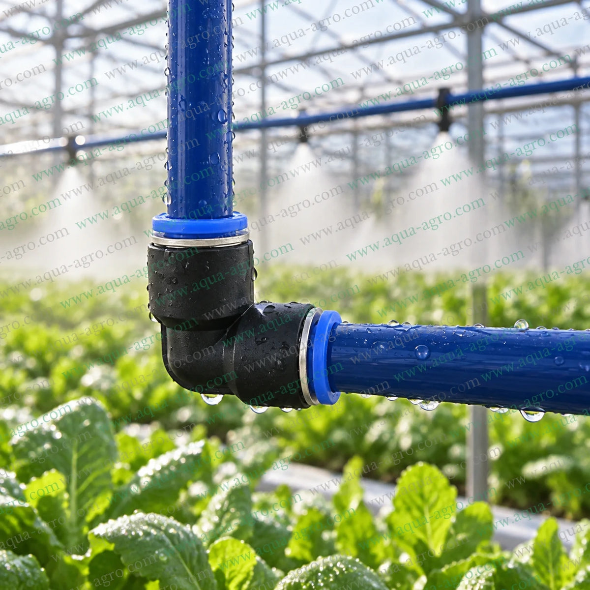 AQUA AGRO 8mm PU elbow push fit connector installed with blue polyurethane tubing at a 90 degree angle in greenhouse fogging and misting irrigation system