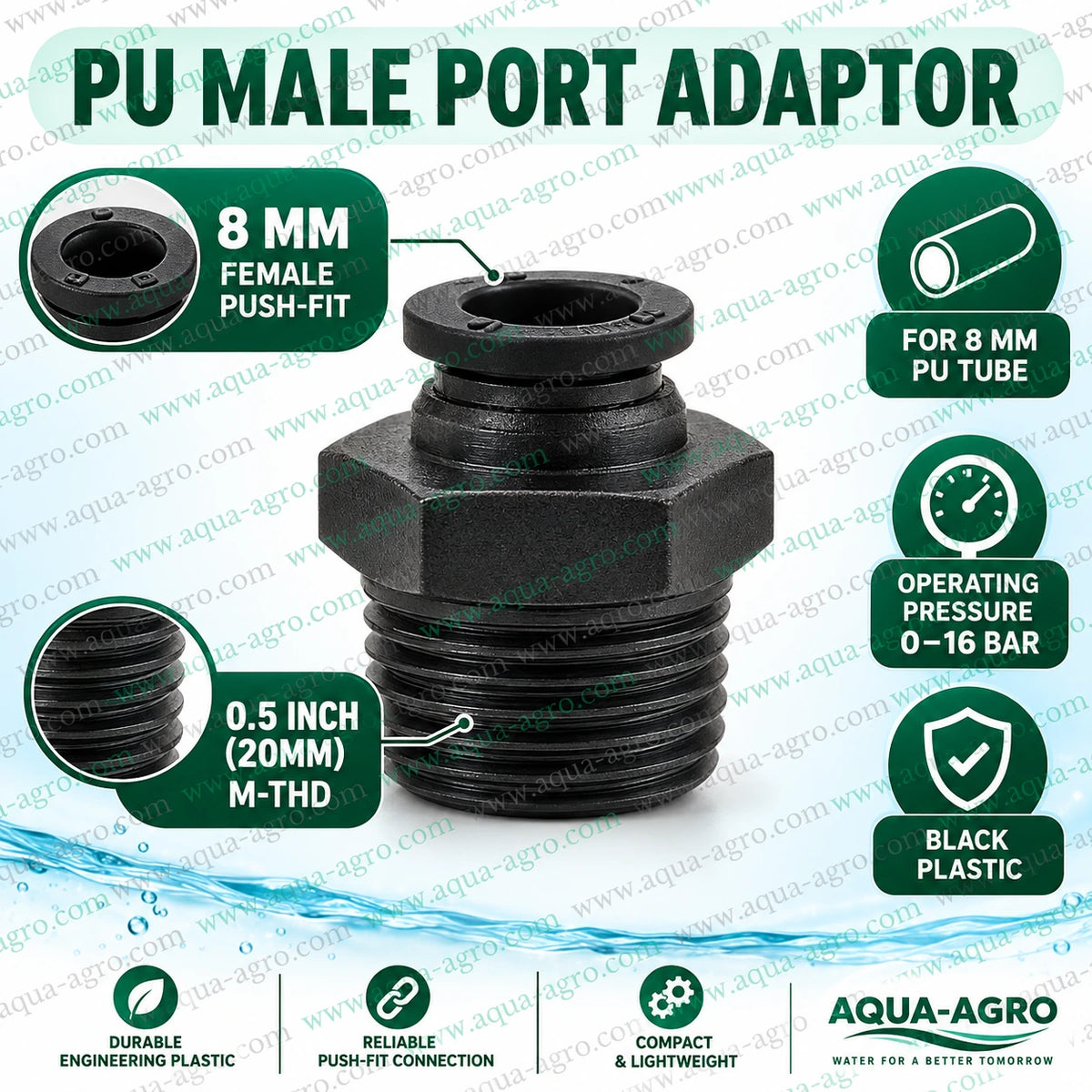 AQUA AGRO PU male port adaptor 0.5 inch 20mm male threaded x 8mm female push fit connector made from black engineering plastic for fogger misting irrigation and pneumatic tubing systems with operating pressure up to 16 bar