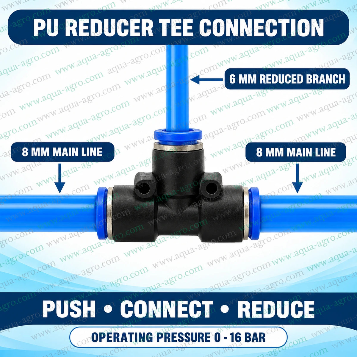 AQUA AGRO PU reducer tee fitting connecting two 8mm PU main line tubes with a 6mm reduced branch outlet for fogger nozzles and agricultural misting systems with push fit installation