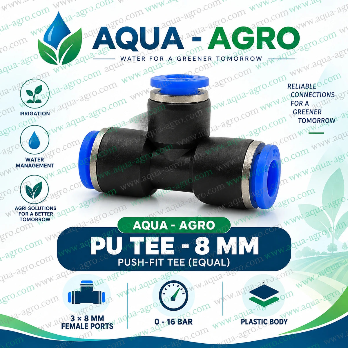 AQUA AGRO 8mm PU tee pneumatic push fit fitting with black plastic body blue release rings and three equal 8mm tube connections for agricultural fogger installations and misting pipelines