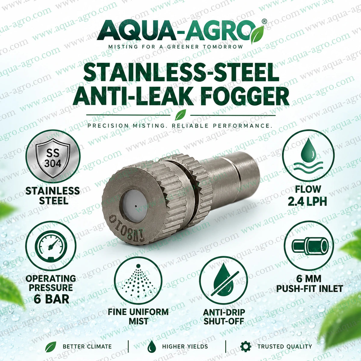 AQUA AGRO stainless steel SS304 anti leak fogger nozzle with 6mm push fit inlet 2.4 LPH flow rate and 6 bar operating pressure for fine mist generation in poultry farms greenhouses nurseries agricultural fogging systems and evaporative cooling applications