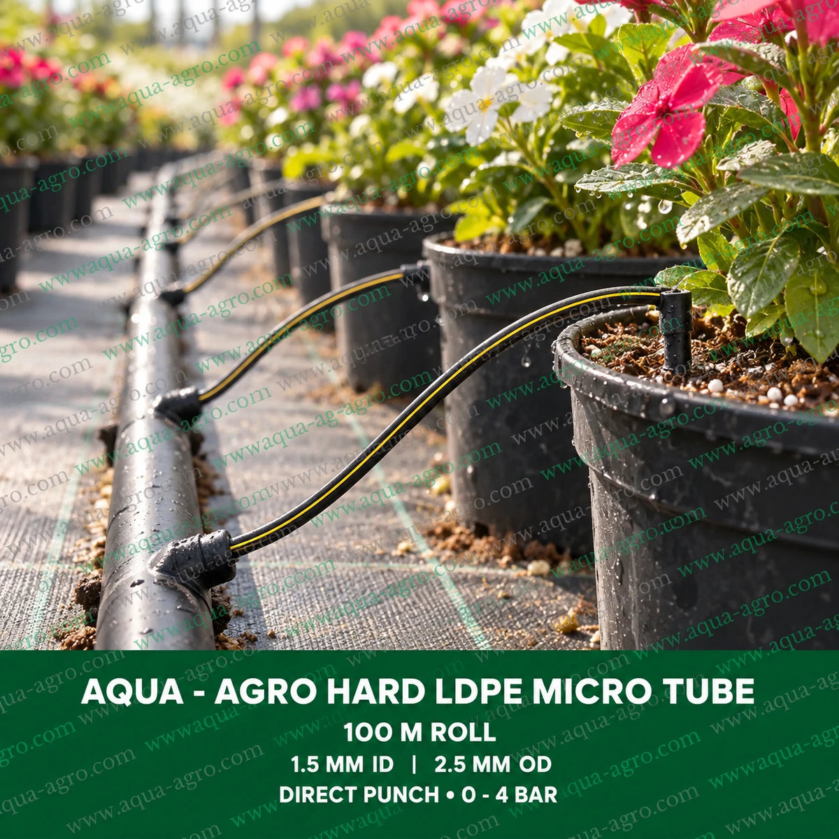 AQUA AGRO 1.5mm hard LDPE micro irrigation tube connected to drip irrigation mainline for watering flowering plants in nursery pots and garden irrigation systems