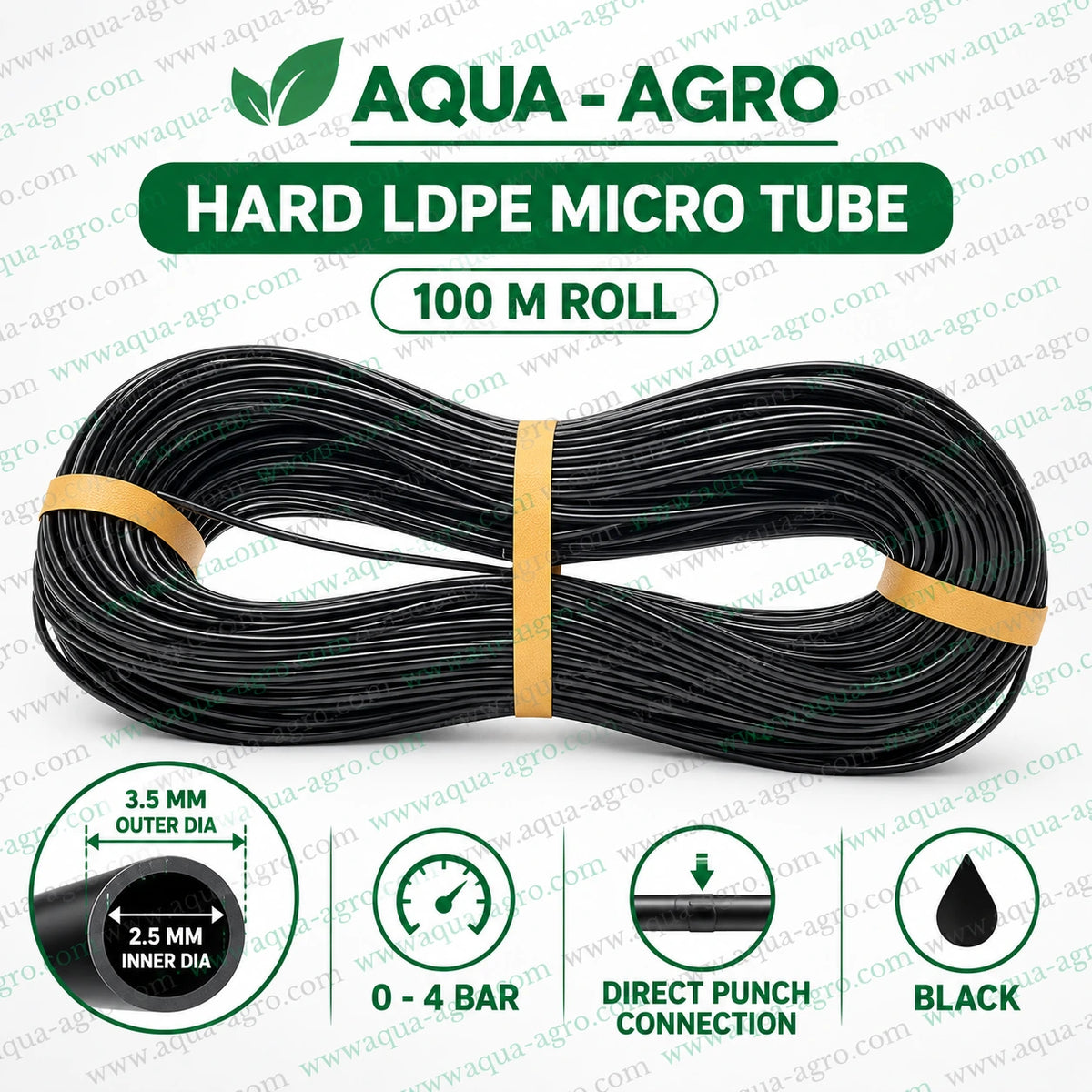 AQUA AGRO hard LDPE micro irrigation tube black 100 metre roll with 2.5mm inner diameter 3.5mm outer diameter direct punch connection and 0 to 4 bar operating pressure