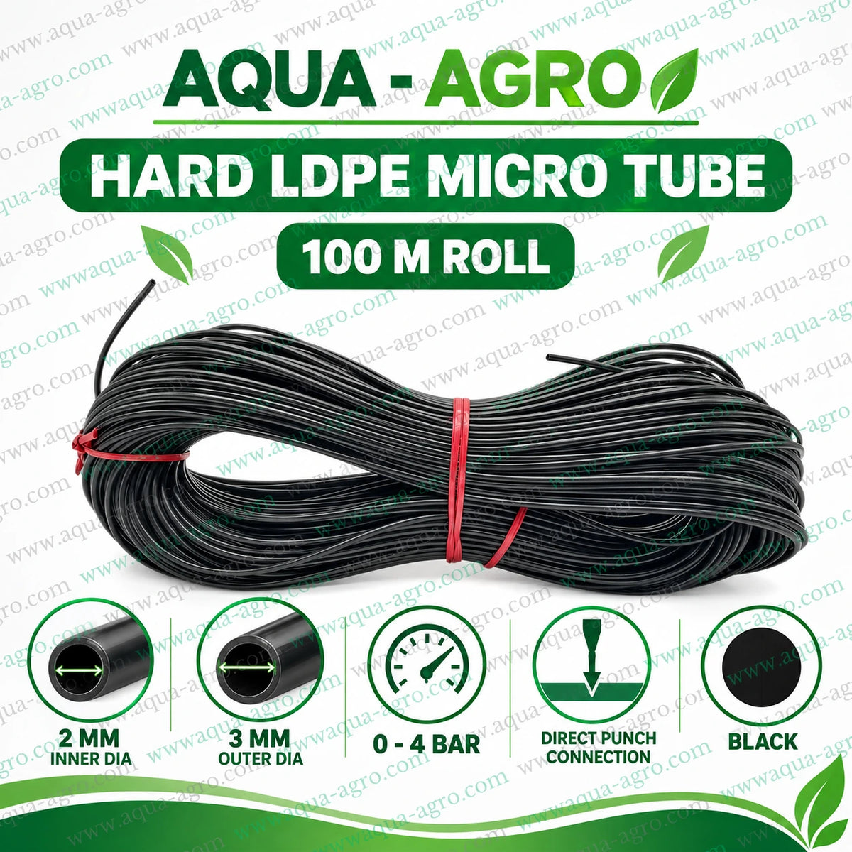 AQUA AGRO hard LDPE micro tube 2mm inner diameter 3mm outer diameter black 100 metre roll for drip irrigation garden watering nursery and agricultural irrigation systems