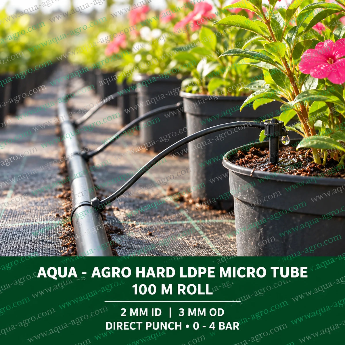 AQUA AGRO hard LDPE micro tube 2mm inner diameter 3mm outer diameter black irrigation tubing connected to drip lateral pipe for watering flowering plants in nursery pots