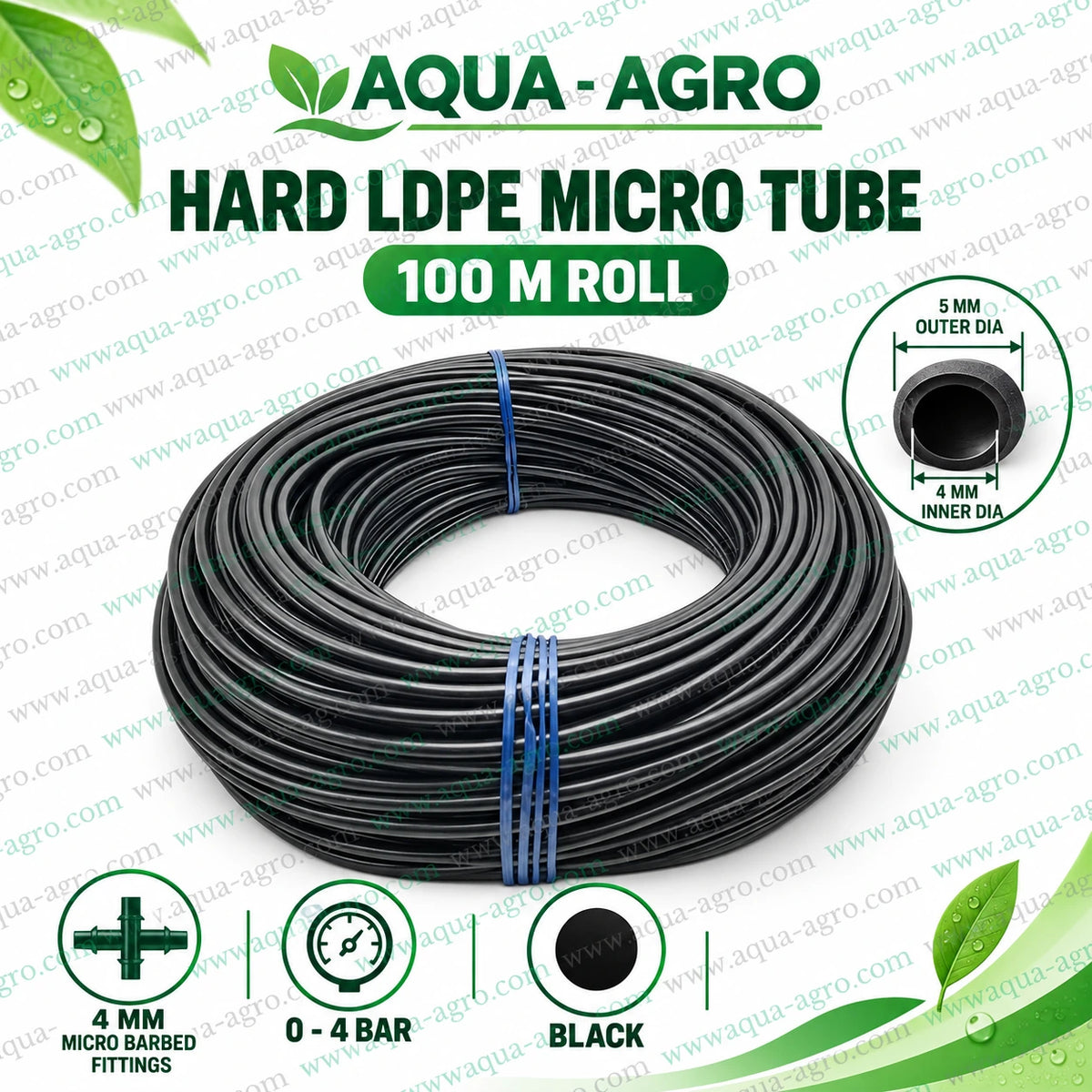 AQUA AGRO hard LDPE micro tube 4mm inner diameter 5mm outer diameter black irrigation tubing 100 metre roll compatible with 4mm micro barbed fittings and 0 to 4 bar operating pressure