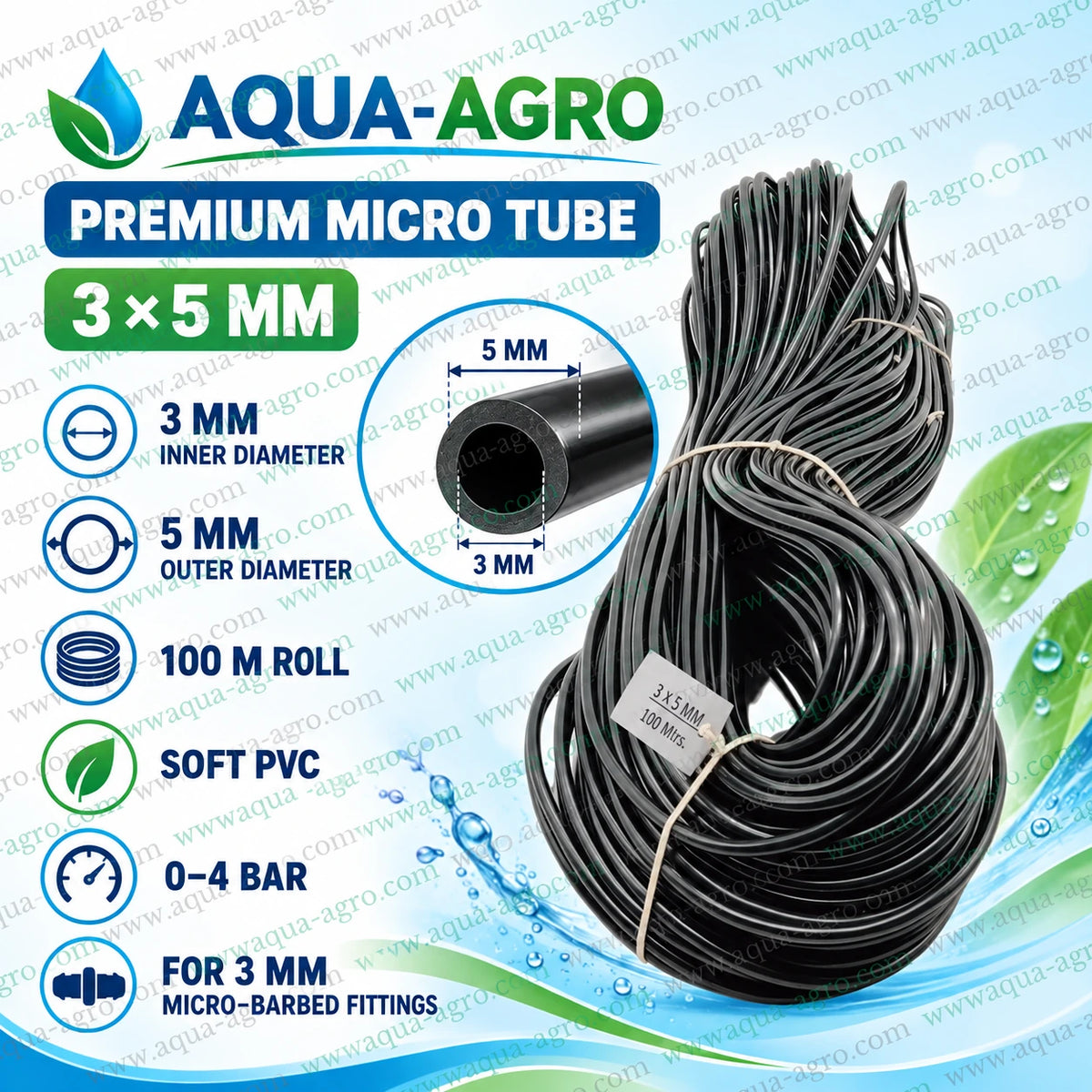 AQUA AGRO 3x5mm flexible PVC micro tube with 3mm inner diameter 5mm outer diameter and 0 to 4 bar operating pressure compatible with 3mm micro barbed irrigation fittings