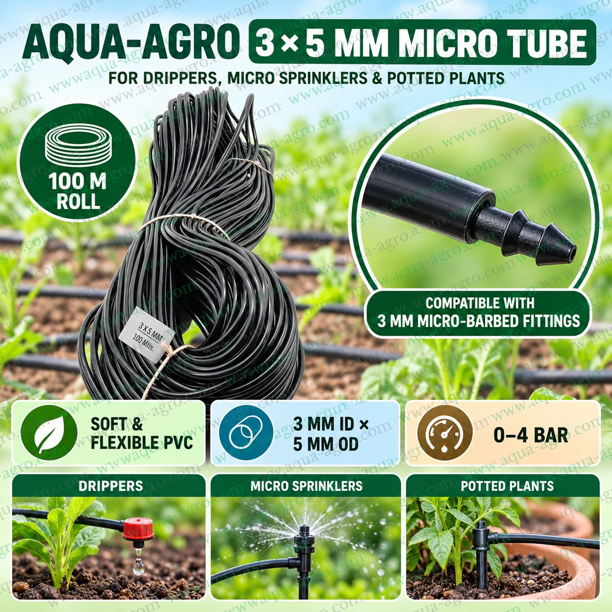 AQUA AGRO premium 3mm ID 5mm OD soft PVC spaghetti tube for drip emitters micro sprinklers and potted plant watering with flexible tubing for garden irrigation systems