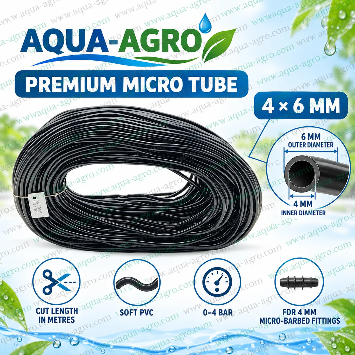 AQUA AGRO 4x6mm flexible PVC micro tube cut length in metres with 4mm inner diameter 6mm outer diameter and 0 to 4 bar operating pressure for garden irrigation systems