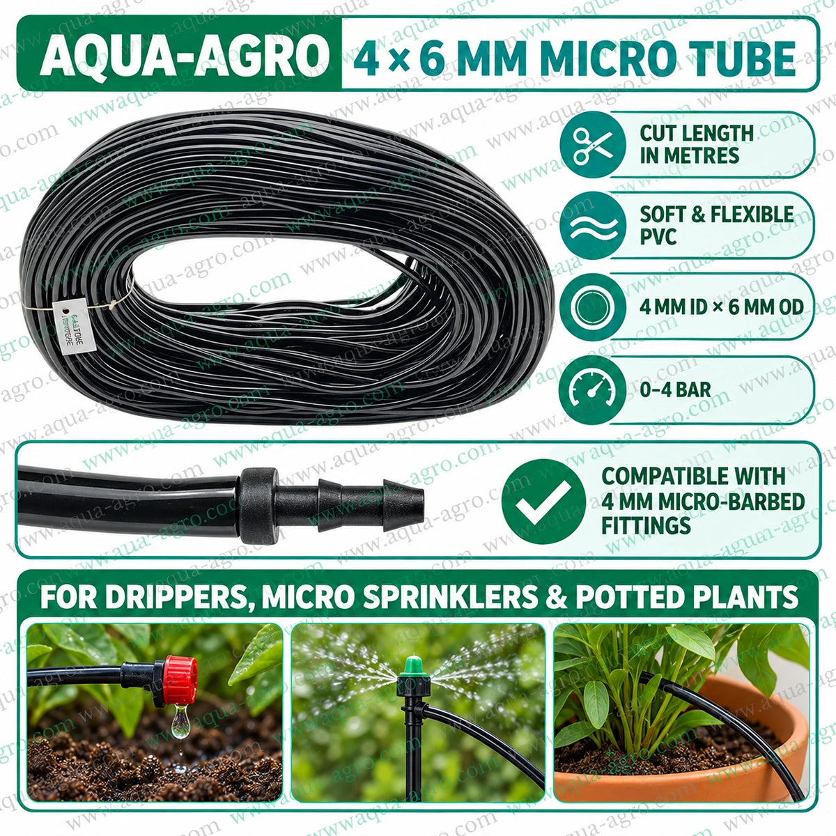 AQUA AGRO premium 4mm ID 6mm OD soft PVC spaghetti tube compatible with 4mm micro barbed fittings for drip emitters micro sprinklers and potted plant watering applications