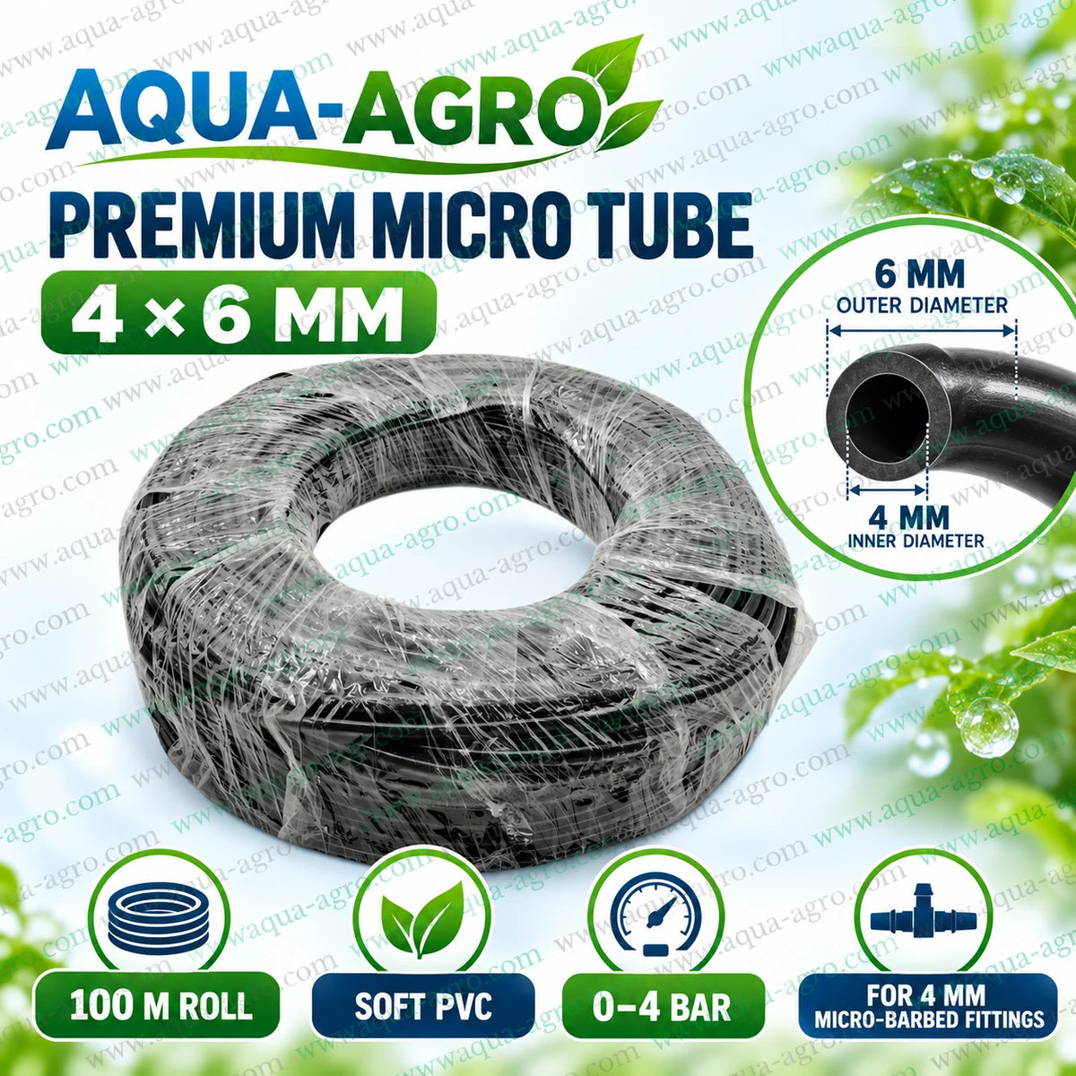 AQUA AGRO premium 4mm ID 6mm OD soft PVC spaghetti tube 100 metre roll with flexible black tubing suitable for drip irrigation micro sprinkler connections and garden watering systems