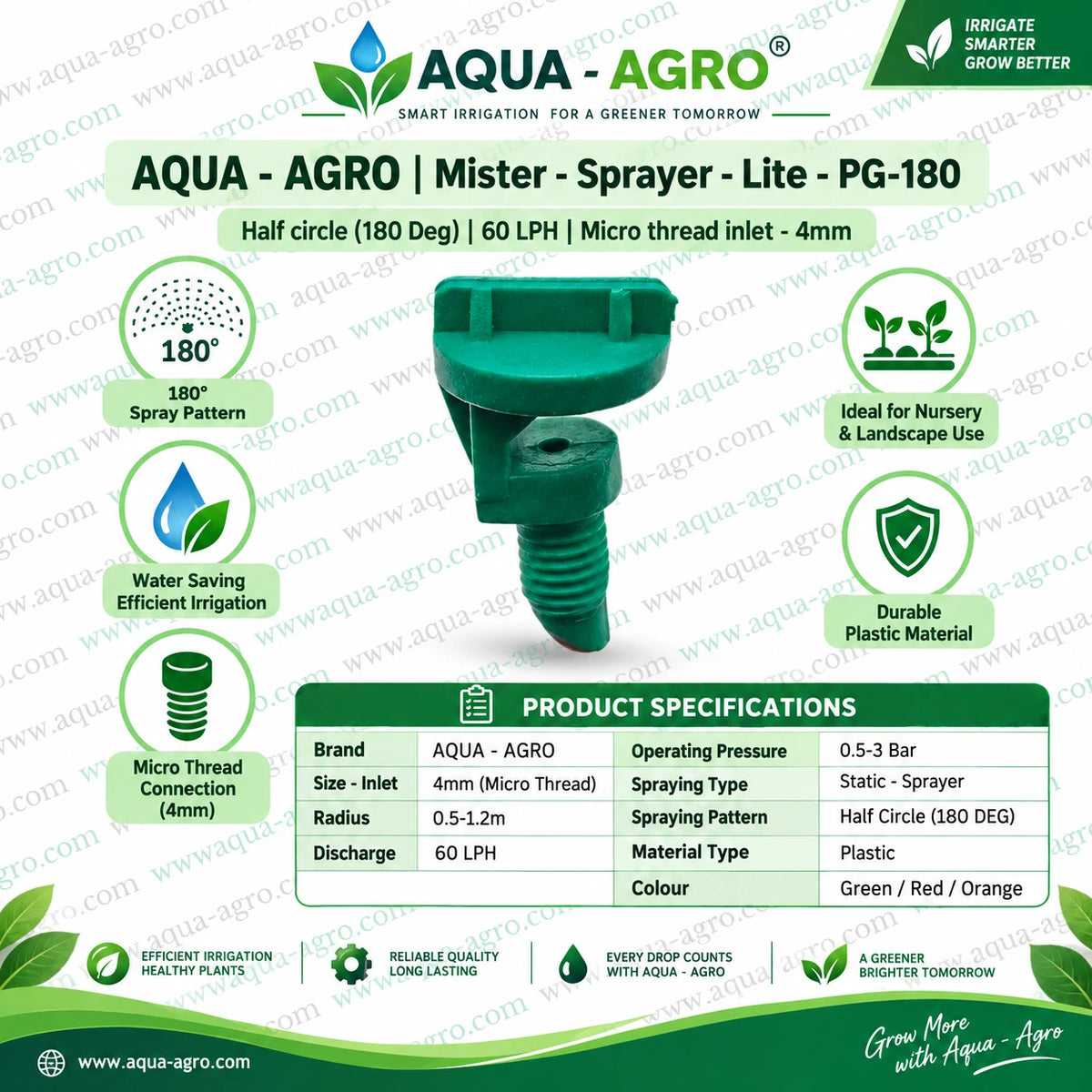 AQUA AGRO Lite PG 180 Half Circle Micro Sprinkler with 60 LPH Discharge 4mm Micro Threaded Inlet and 0.5 to 1.2 Metre Spray Radius for Nursery and Landscape Irrigation