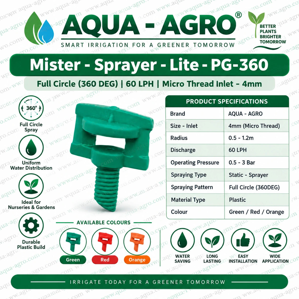 AQUA AGRO Lite PG 360 Micro Sprinkler with 60 LPH Discharge 4mm Micro Threaded Inlet and 0.5 to 1.2 Metre Spray Radius for Nursery Garden and Landscape Irrigation
