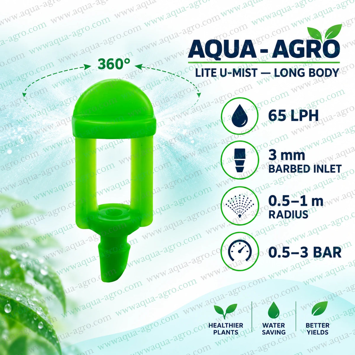AQUA AGRO U Mist Long Body Green Plastic Mister Sprinkler with 65 LPH Water Discharge 4mm Micro Barbed Inlet and 0.5 to 3 Bar Operating Pressure for Nursery and Garden Irrigation
