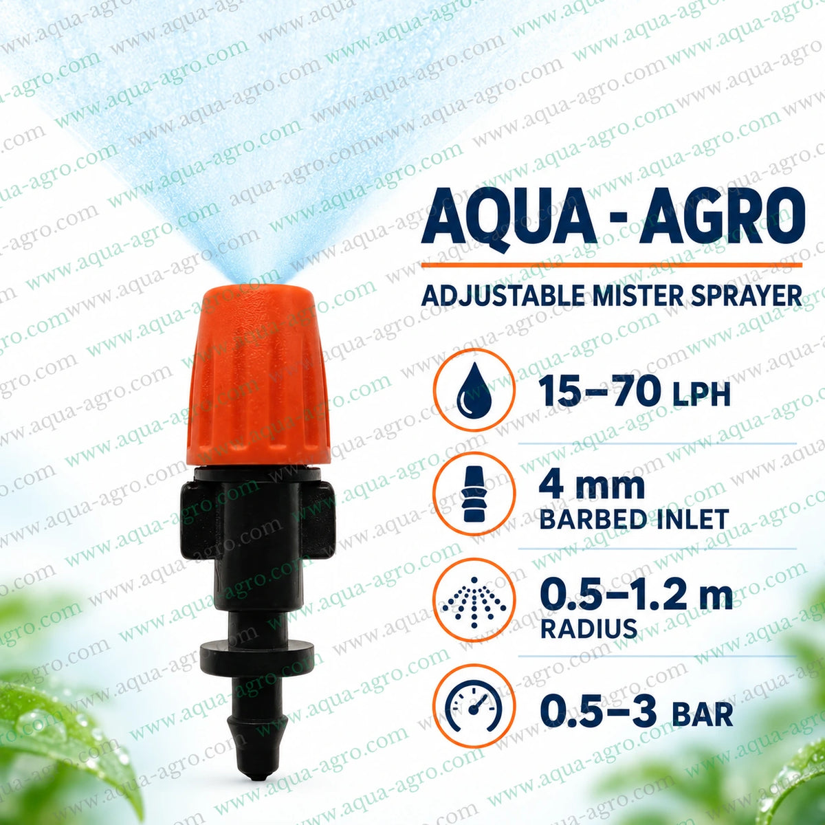 AQUA AGRO Adjustable Micro Mister Sprayer with 15 to 70 LPH Water Discharge 4mm Barbed Inlet and 0.5 to 1.2 Metre Spray Radius