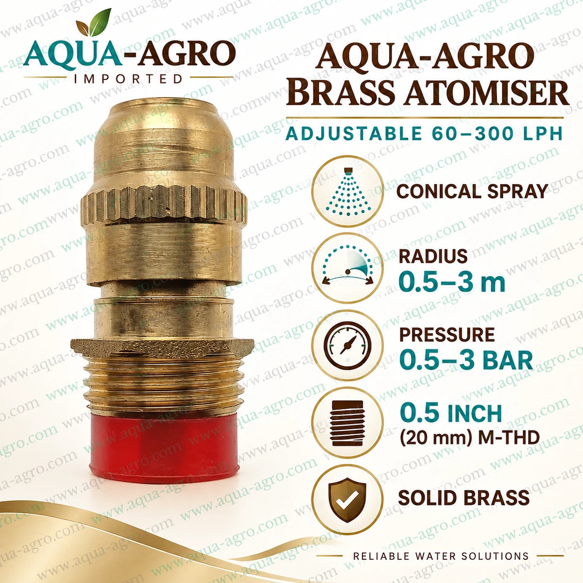 AQUA AGRO Premium Imported Adjustable Brass Atomiser Sprayer with 60 to 300 LPH Discharge 0.5 Inch Male Threaded Inlet Conical Spray Pattern and 0.5 to 3 Metre Radius for Irrigation